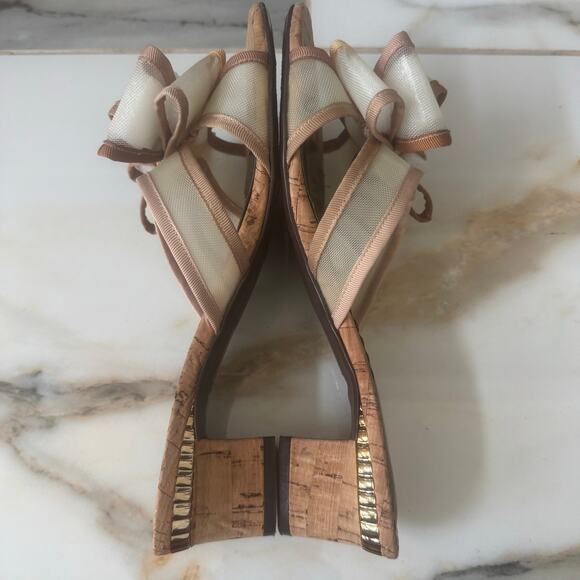 J Renee Freesia Natural Brown Cork Block Heel Mesh Bow Slides Sandals Mules Sz 7 - Picture 5 of 10